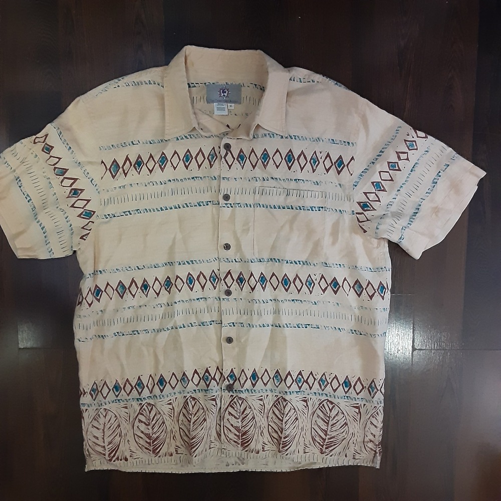 The Territory Ahead Mens XL Linen Button Up Shirt Southwestern Tribal Print Tan